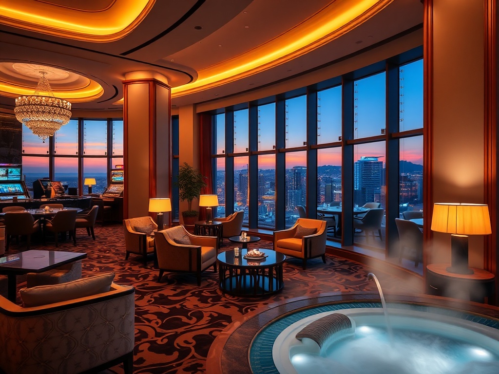 "Luxurious casino hotel lounge at dusk, soft warm lighting, elegant suite seating, spa steam ambiance, attentive concierge gesture, inviting calm atmosphere, premium hospitality."