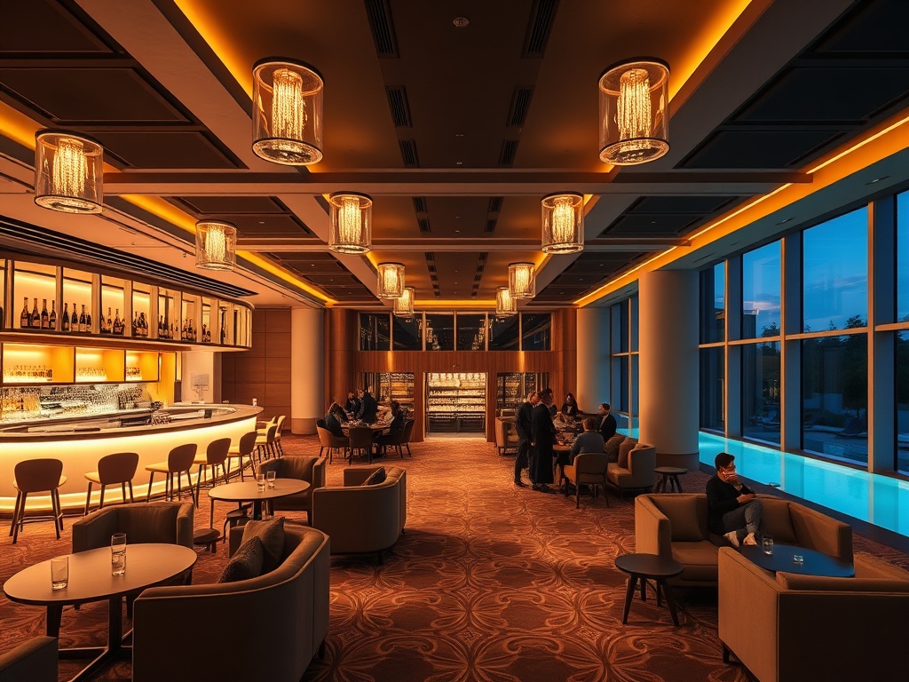 "modern Scandinavian casino hotel event hall at dusk" "soft gold lighting" "elegant lounge seating" "champagne bar glow" "guests mingling" "luxury pool visible" "subtle nightlife energy"