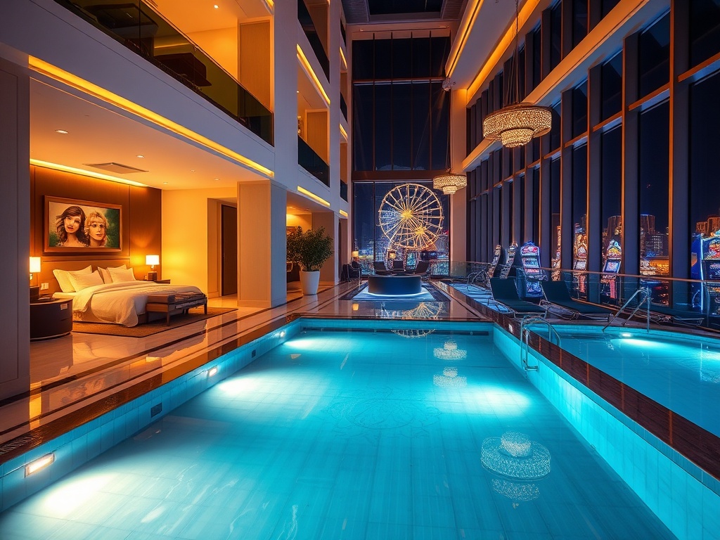 Contemporary casino hotel lobby and guest suite merge with glowing wellness pool and distant gaming lights; warm elegant lighting; welcoming relaxed atmosphere.