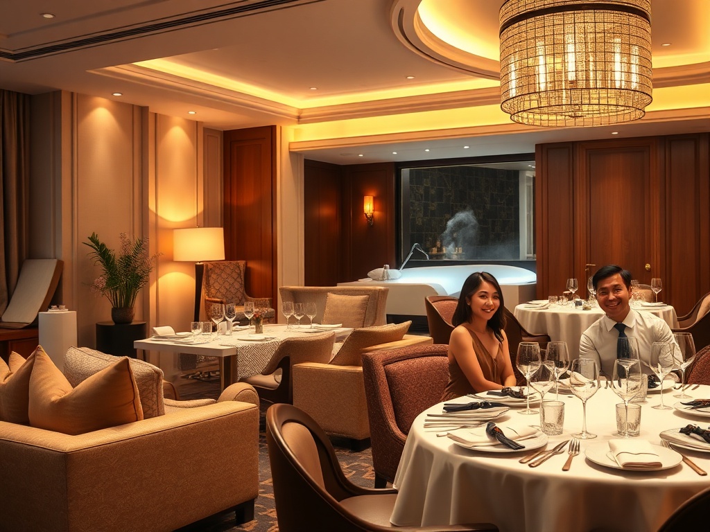 “luxury hotel lounge with warm ambient lighting” “couple relaxing on plush sofa” “spa steam glow” “fine dining table with elegant plating” “smiling guests”