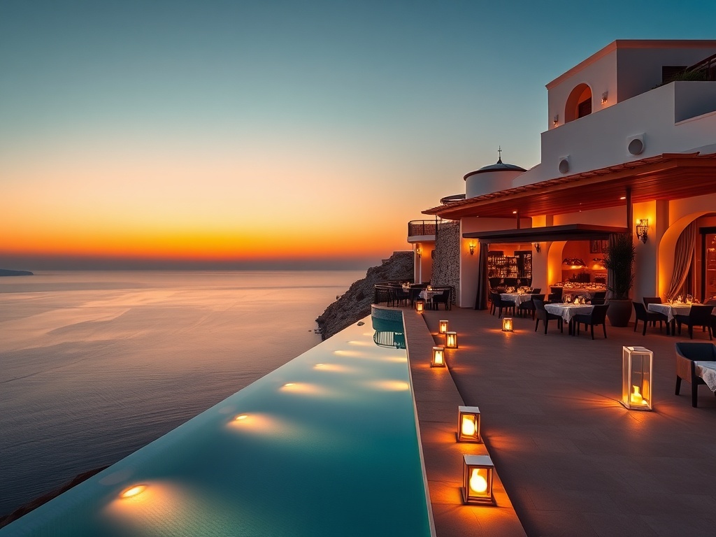 "Sunset view of a luxurious Greek casino hotel resort, elegant suite balcony glowing, infinity pool, warm lanterns, premium dining terrace, subtle gaming lights, serene atmosphere"