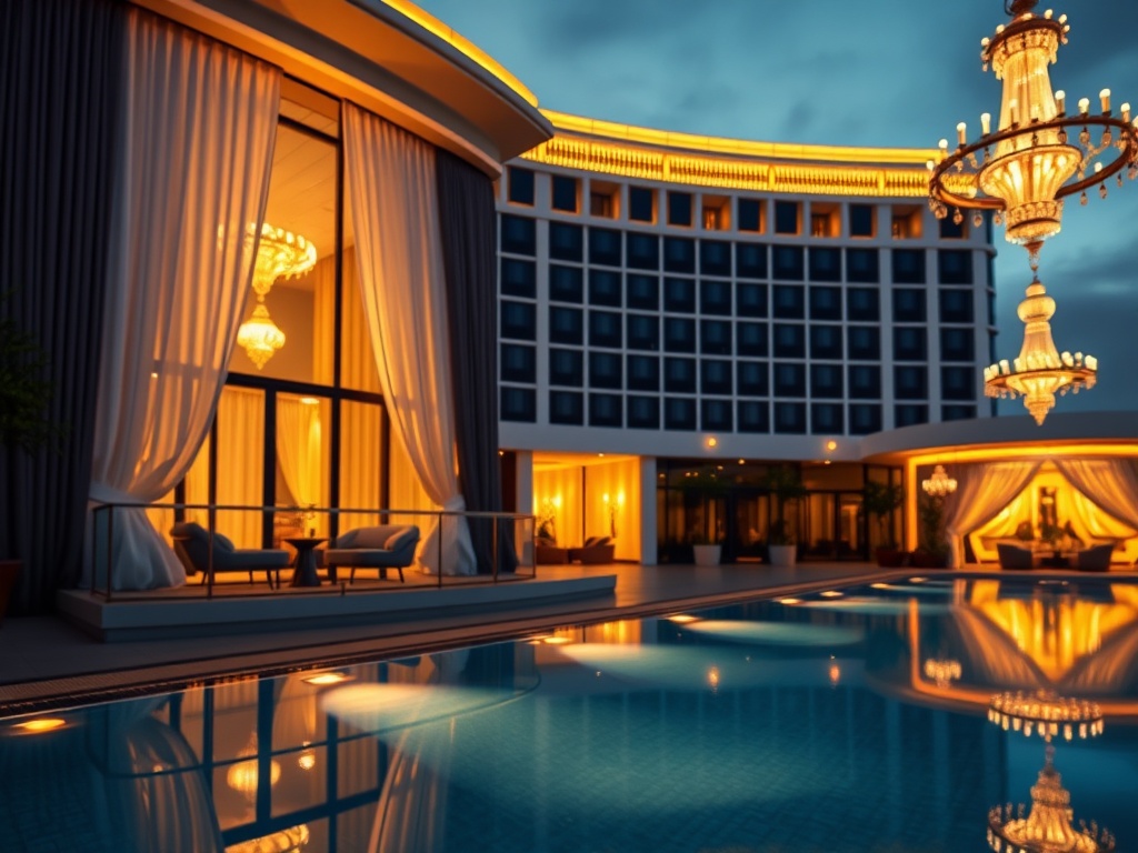 "luxury casino hotel hero scene at dusk" "glowing modern facade" "spacious suite balcony" "silk curtains" "golden ambient lights" "chandelier bokeh" "soft pool reflection"