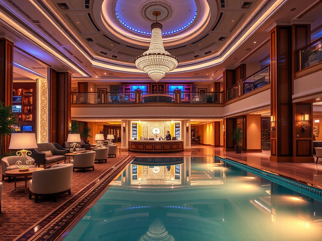 A glamorous casino hotel interior with elegant lounge seating, a smiling concierge welcoming guests, and a serene spa pool reflecting warm lights.
