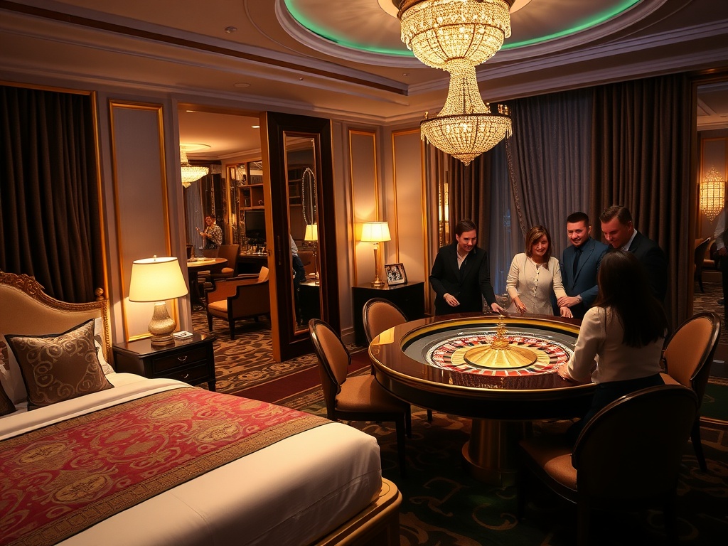 "luxury casino hotel night scene" "elegant suite interior with plush bed" "golden gourmet dining table" "live stage lights" "cheerful guests by roulette table"