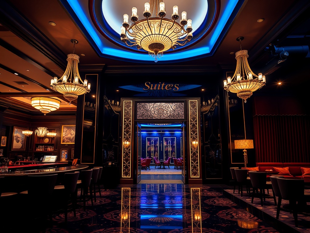 "luxury casino hotel lobby at night" "glowing chandeliers" "elegant suites doorway" "sleek bar with soft lights" "subtle stage lights" "inviting velvet lounge"