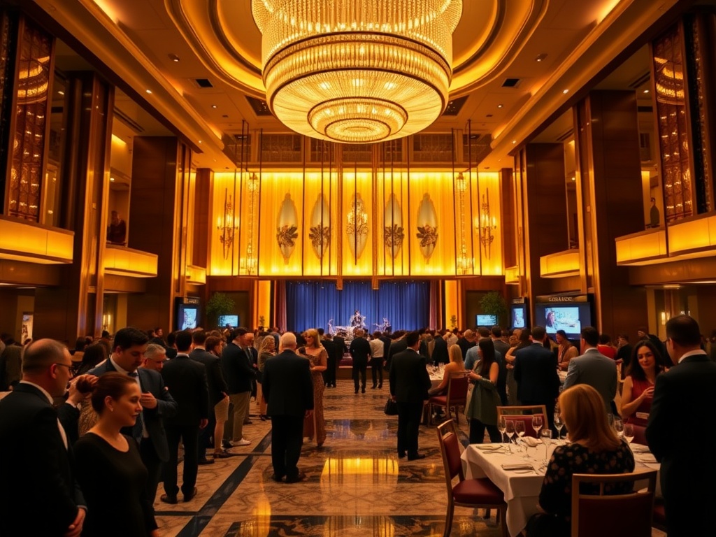 "Modern casino hotel lobby at night, warm gold lighting, elegant crowd in formal attire, live entertainment stage glow, champagne and fine dining ambiance, relaxed luxury." "Cinematic wide-angle, high detail, shallow depth of field, no logos, no text."