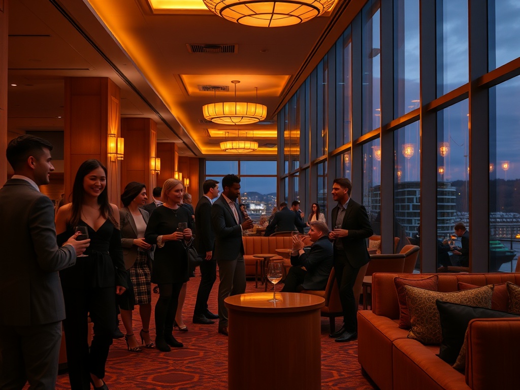 Warm Scandinavian hotel lobby at dusk, soft amber lights, smiling diverse guests in elegant attire, subtle casino glow, cozy lounge seating, cinematic realism. "You MUST not include ANY brand images or logos. You may ONLY reply with the format given. If y