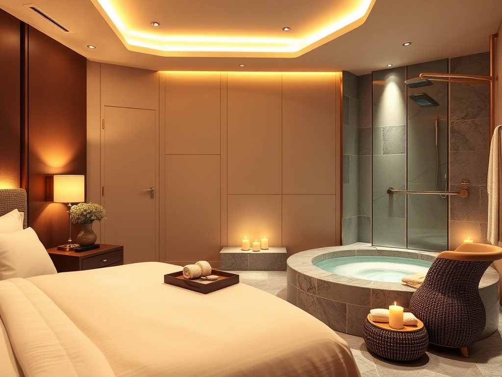 "luxury hotel suite" "soft warm lighting" "elegant modern interior" "serene spa with steam, candles" "cozy robes" "inviting atmosphere"