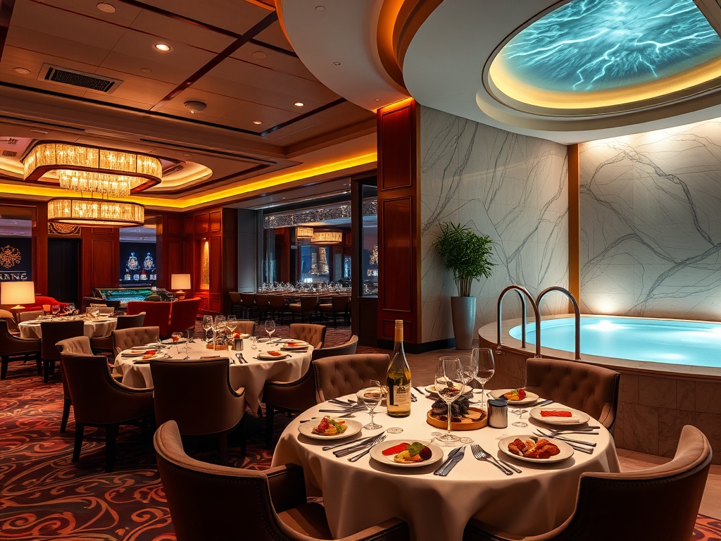 "Elegant casino hotel lounge with warm ambient lighting, a refined dining table with gourmet dishes, and an adjacent tranquil spa scene." "Luxury vibe."