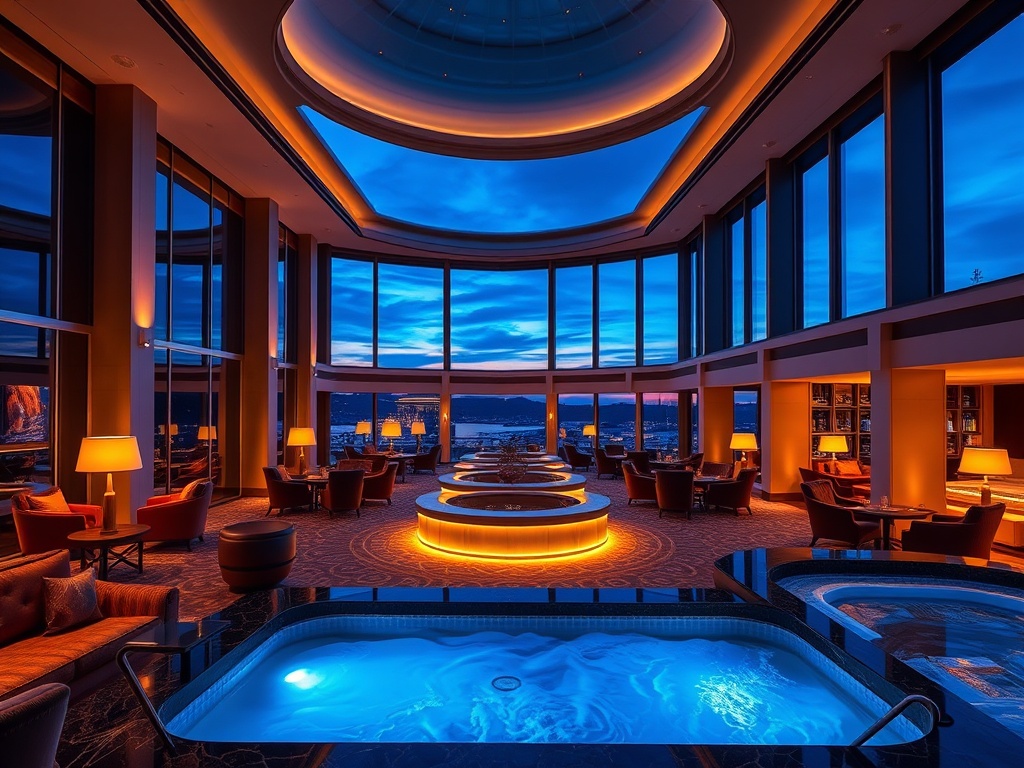 A luxurious Scandinavian casino hotel interior at dusk, featuring elegant suites, warm spa glow, soft velvet seating, subtle entertainment lights, inviting ambience.