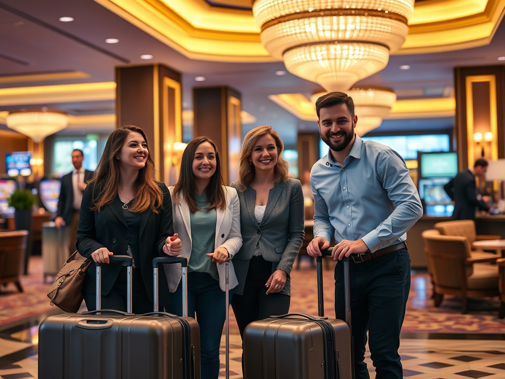 A warm modern casino hotel lobby scene, smiling guests with light luggage, attentive staff greeting them, luxurious lounge ambiance, soft golden lighting, candid joy.