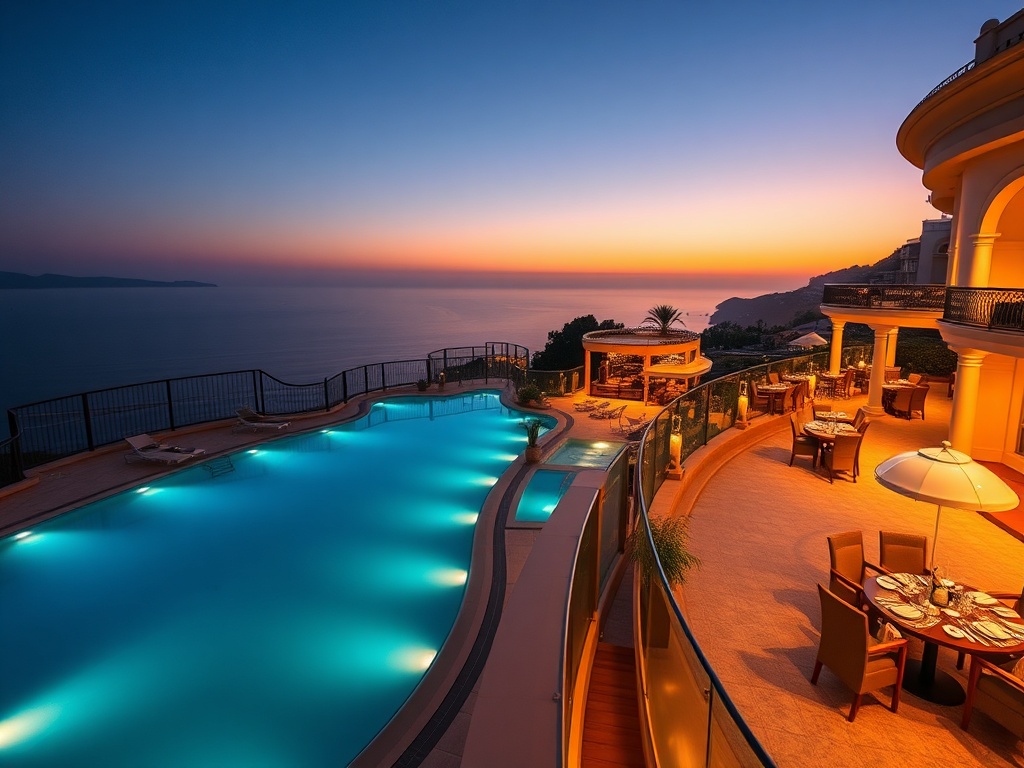 A luxurious Mediterranean casino hotel at dusk, elegant suite balcony overlooking warm lights, infinity pool, subtle casino glow, tasteful dining terrace, resort greenery, cinematic lighting."