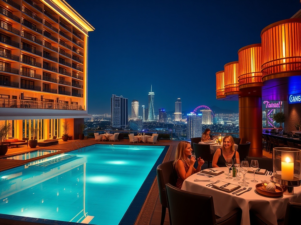 A contemporary casino hotel at night, illuminated pool and skyline, elegant suite window, gourmet dining table, vibrant lounge lights, stylish guests smiling.