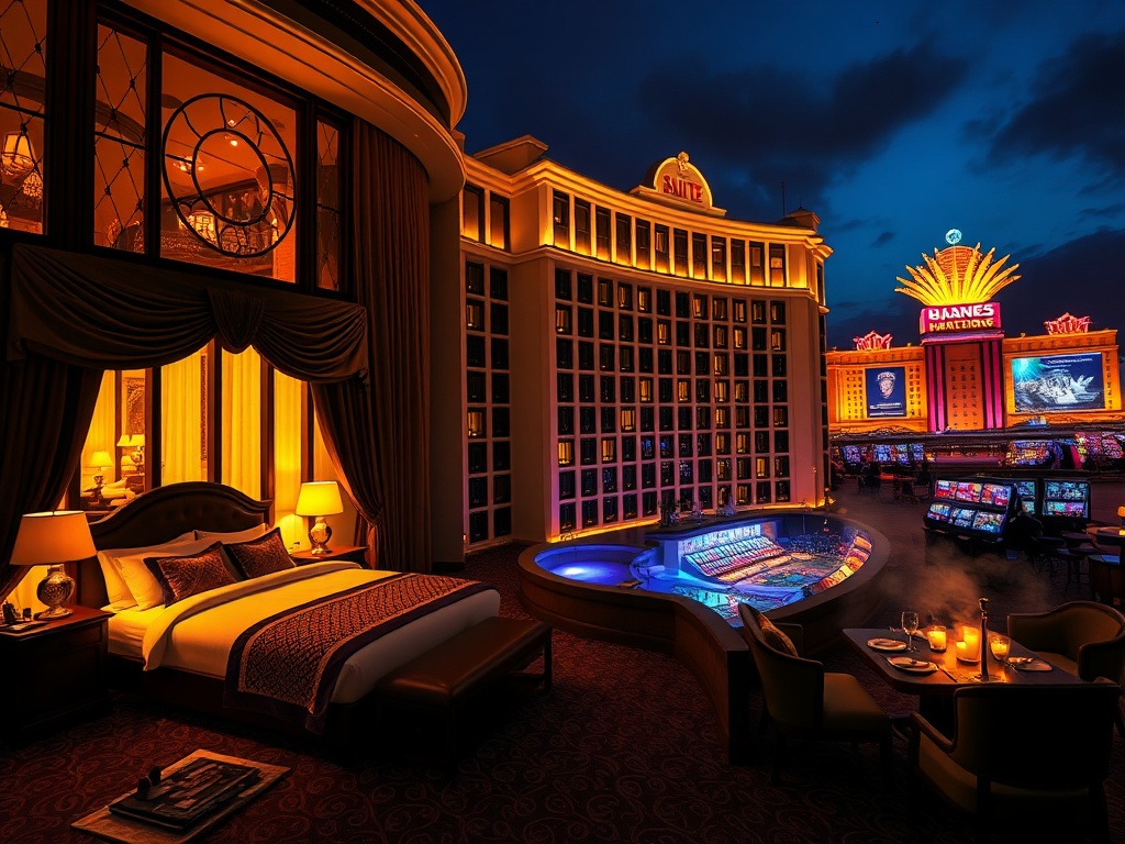 A luxurious casino hotel at night with warm light spilling from large windows, “suite bedroom” elegance, “gourmet dining” candlelit plates, “wellness spa” steam, “vibrant nightlife” in distance.