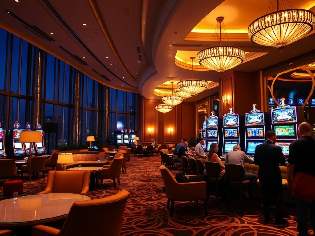 "luxury hotel interior at night, warm lighting, elegant lounge seating, subtle casino ambience with softly glowing slot machines, polished bar, inviting atmosphere, guests smiling" "