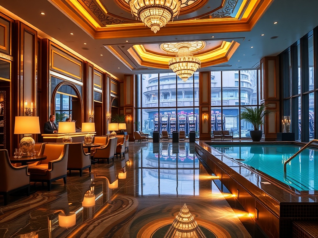 A glamorous casino hotel interior with elegant lounge seating, a smiling concierge welcoming guests, and a serene spa pool reflecting warm lights.