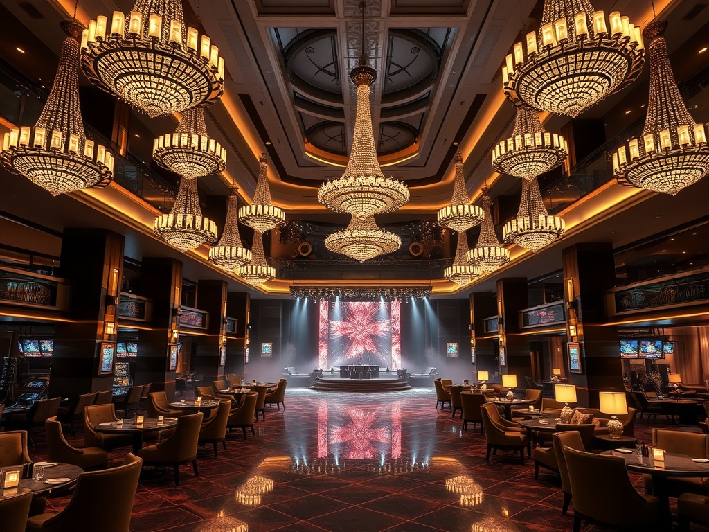 A luxurious modern casino hotel lobby at night, glowing chandeliers, elegant lounge seating, distant live stage lights, warm spa steam, inviting atmosphere.