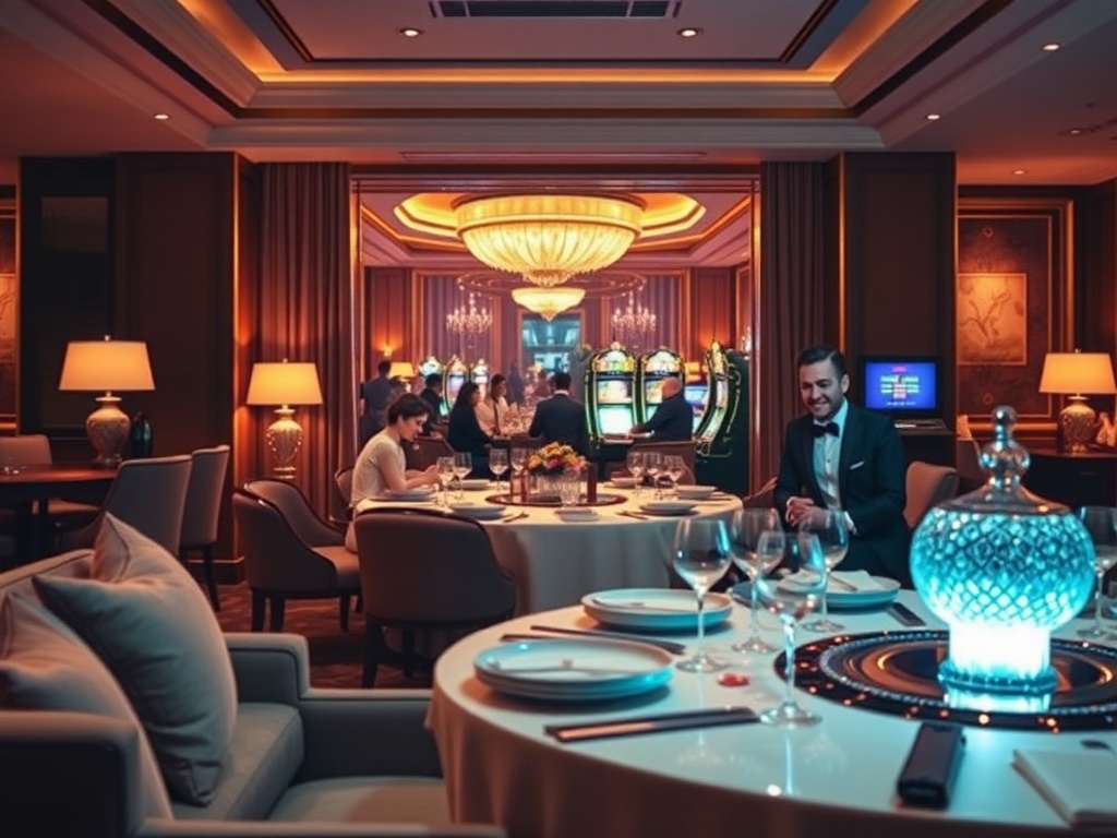 A luxury casino hotel suite lounge merging into a gourmet dining table and distant glowing gaming area, elegant guests smiling, warm ambient lighting, cinematic realism.