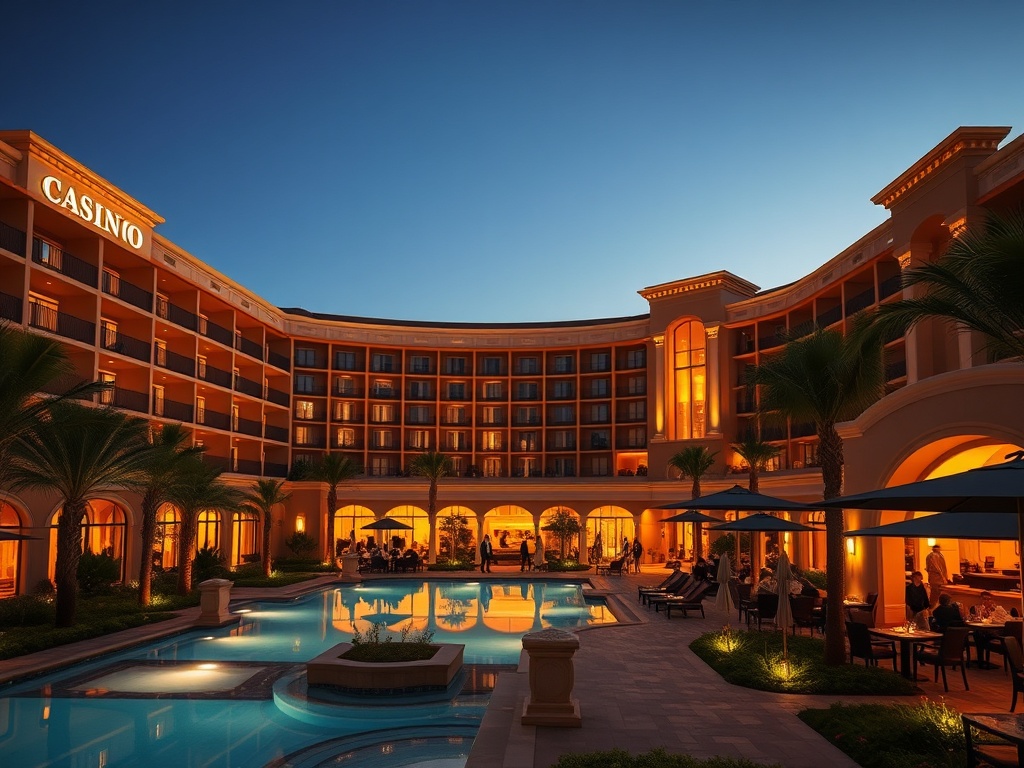 "Luxurious resort casino hotel exterior at dusk, warm golden lights, elegant suite balcony silhouettes, a glowing pool, people dining in upscale courtyard, stylish casino entrance glow, modern Mediterranean landscaping" "no logos"