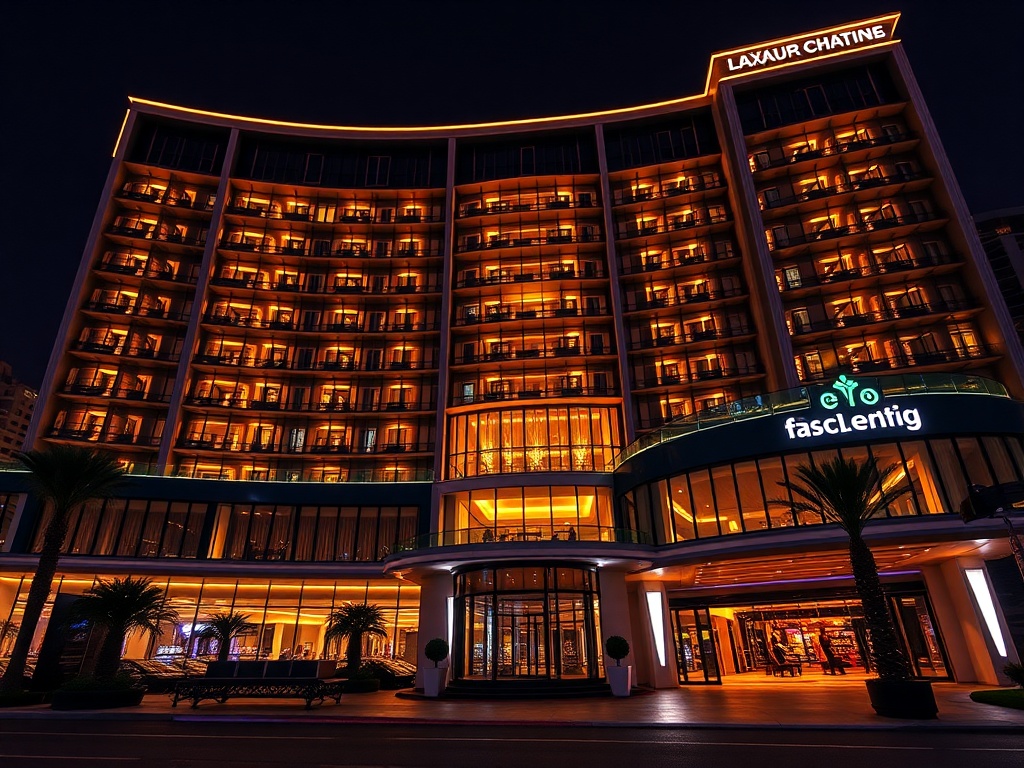 "Luxurious modern casino hotel at night, glowing windows, elegant entrance, stylish suite window view, subtle casino lights, lively resort atmosphere, warm reflections, cinematic lighting, wide-angle."