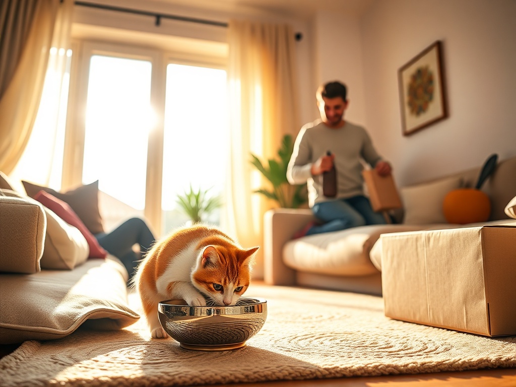 "sunlit cozy living room" "healthy cat" happily eating from elegant bowl, "smiling owner silhouette" holding small bag, "delivery box" nearby, warm premium ambiance.