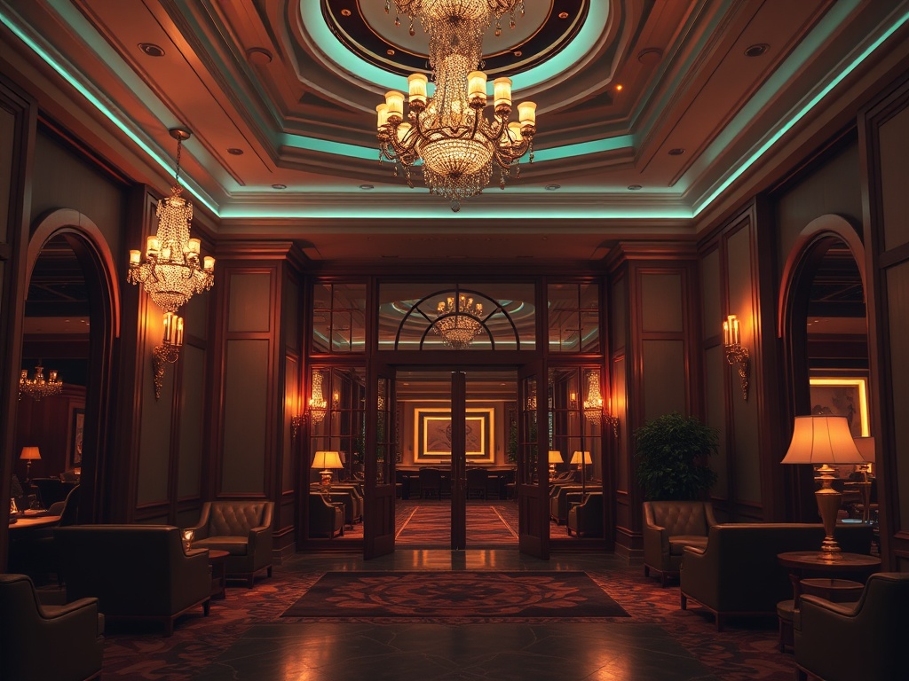 "luxury casino hotel entrance" with "glowing chandeliers" "elegant suite windows" "inviting lounge seating" "warm ambient lighting" "subtle wellness steam" "nightlife vibe" "no people"