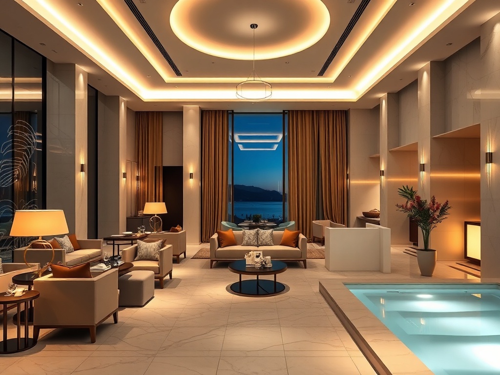 Luxurious modern hotel interior in Greece, elegant lounge with warm lighting, plush seating, a subtle gourmet dining ambiance, and serene wellness spa glow.