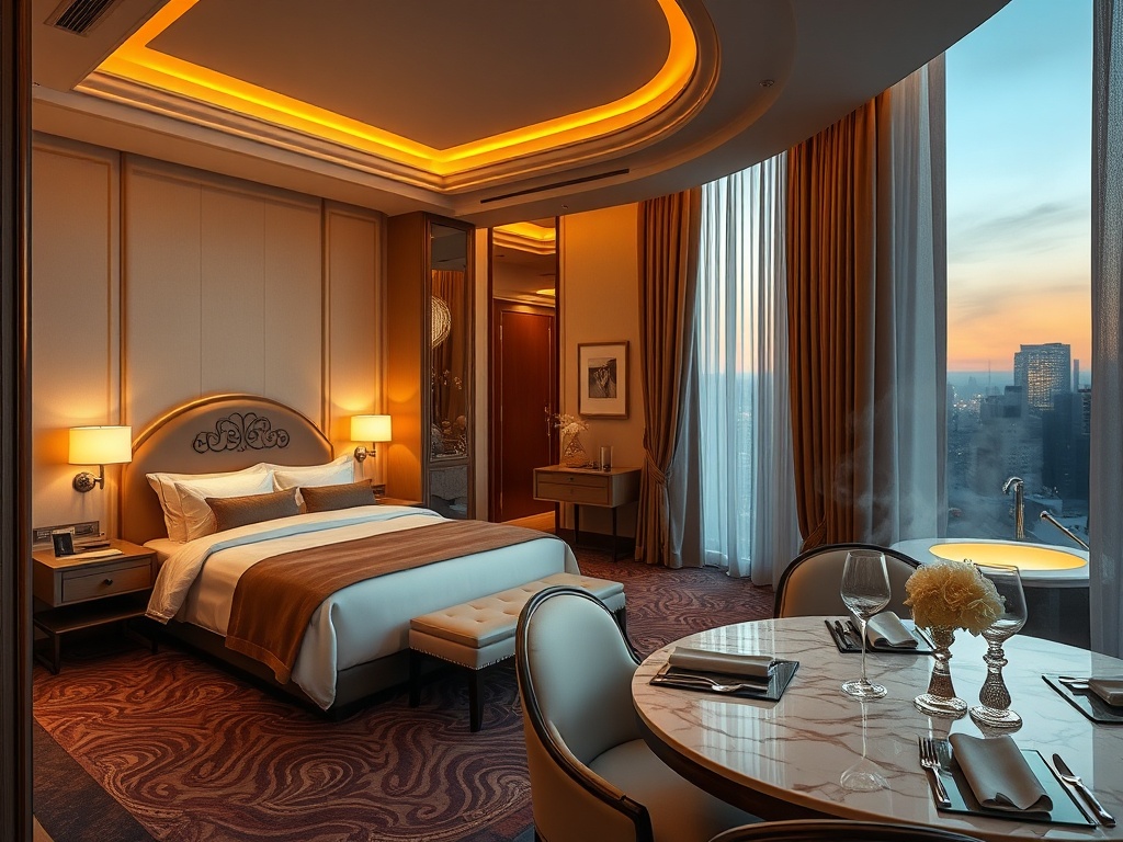 An elegant casino hotel suite at dusk, soft gold lighting, plush bed, marble bathroom glow, fine dining table, subtle spa steam, calm luxury atmosphere.