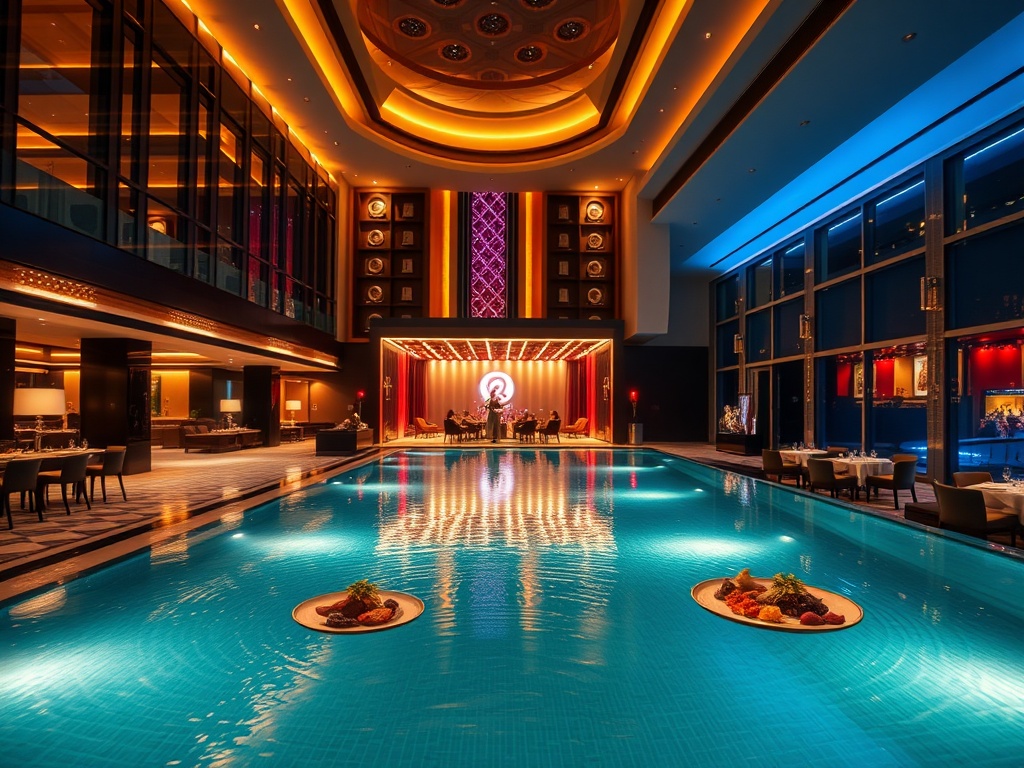 A contemporary casino hotel lobby at night, glowing warm lights, elegant suite lounge, infinity pool shimmer, gourmet dining plates, distant live stage, vibrant yet luxurious ambiance.