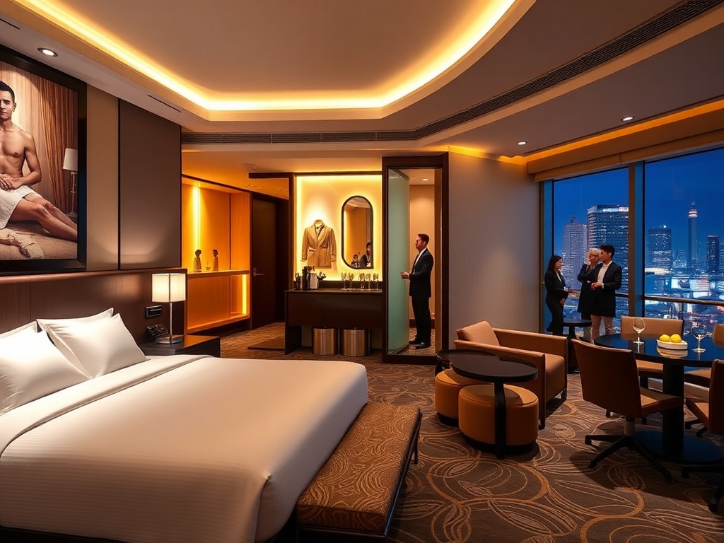 “modern casino hotel interior” “luxury suite with king bed and soft lighting” “spa glow with sauna steam and massage silhouette” “elegant lounge bar with warm ambience” “attentive hospitality staff in background” “nighttime city ligh