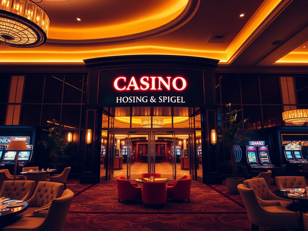 "Luxurious casino-hotel entrance at night" "warm golden lights" "elegant lounge with plush chairs" "tasteful buffet-style dining glow" "subtle gaming ambience" "luxury resort atmosphere"