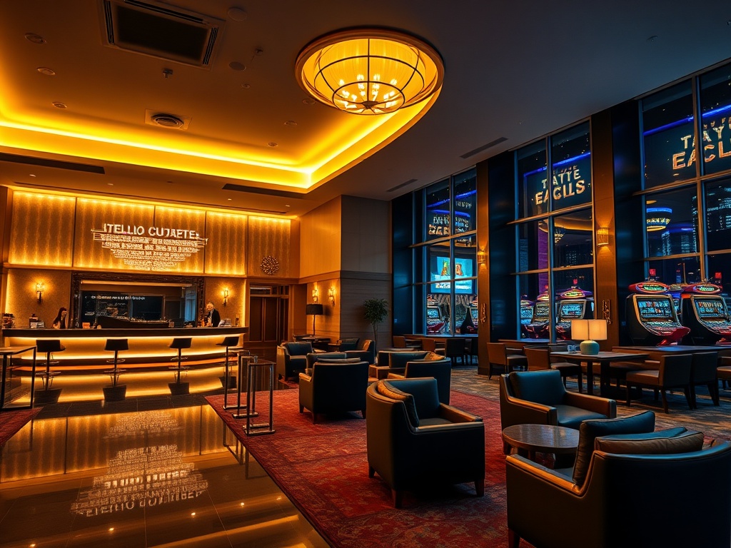 "luxury hotel lobby at night in Poland, warm golden lighting, modern seating, elegant concierge desk, subtle casino ambiance with glowing lights, cinematic atmosphere, inviting." "No logos, no text, high detail, photorealistic."