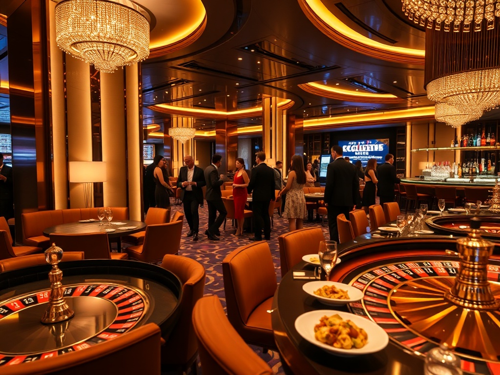 "Modern casino hotel interior lounge with warm ambient lighting; stylish guests in elegant attire; roulette table glimpsed; plush seating; sparkling bar; gourmet dining plates; soft wellness glow; atmosphere of comfort and entertainment; cinematic wide-an