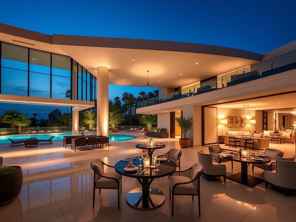 "modern luxury hotel lobby at night" , "soft-lit pool terrace" , "elegant gourmet dining table" , "sleek inviting suites" , "relaxing ambiance" .
