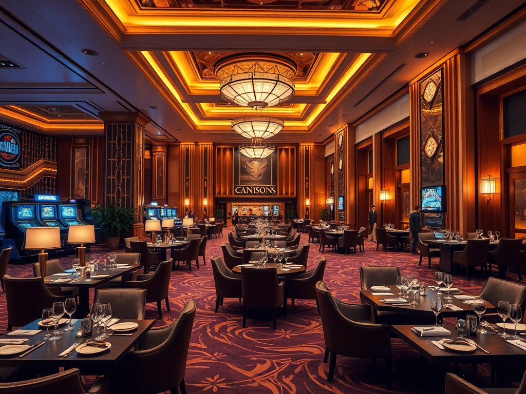 "luxury casino hotel lobby with elegant suites, warm lounge seating, gourmet dining plates, soft stage lights, attentive concierge, cinematic realism" "high-end ambiance, night atmosphere, warm gold lighting, panoramic depth of field"