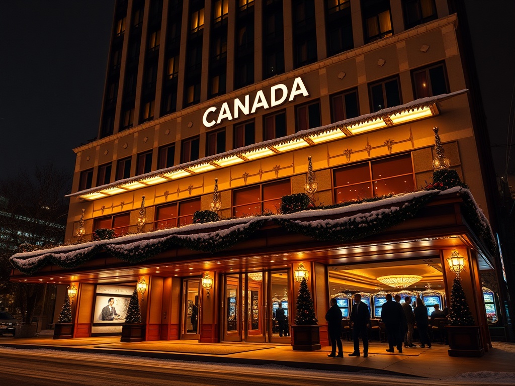 Nighttime Canadian hotel-casino facade with warm lights, elegant lobby glow, smiling guests, sleek lounge, dramatic gaming room lights, luxury comfort, winter ambience, cinematic, ultra-realistic"