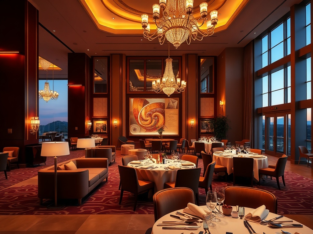 "luxury casino hotel lobby at dusk, elegant velvet lounges, warm chandeliers, refined gourmet dining table setting, soft spa glow, modern suite windows"