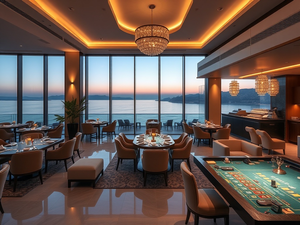 Modern premium casino hotel scene in Greece, elegant lounge with warm lighting, plush seating, panoramic sea view, fine dining table, spa relaxation atmosphere, luxurious style