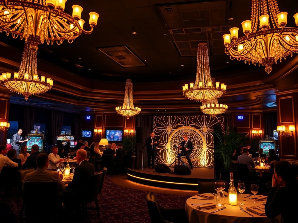 "Luxury casino hotel events scene in Norway at night, warm chandeliers, elegant lounge, live jazz trio on small stage, guests relaxing, soft aurora glow, cozy upscale atmosphere."