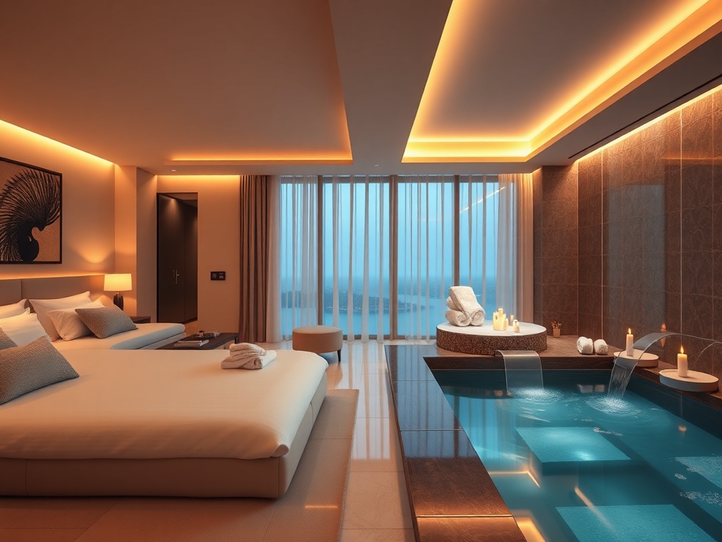 "luxury hotel suite" "soft warm lighting" "elegant modern interior" "serene spa with steam, candles" "cozy robes" "inviting atmosphere"