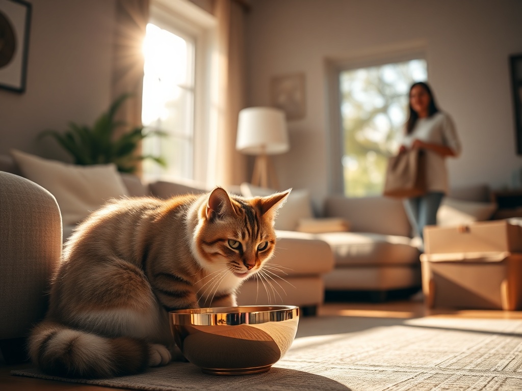 "sunlit cozy living room" "healthy cat" happily eating from elegant bowl, "smiling owner silhouette" holding small bag, "delivery box" nearby, warm premium ambiance.