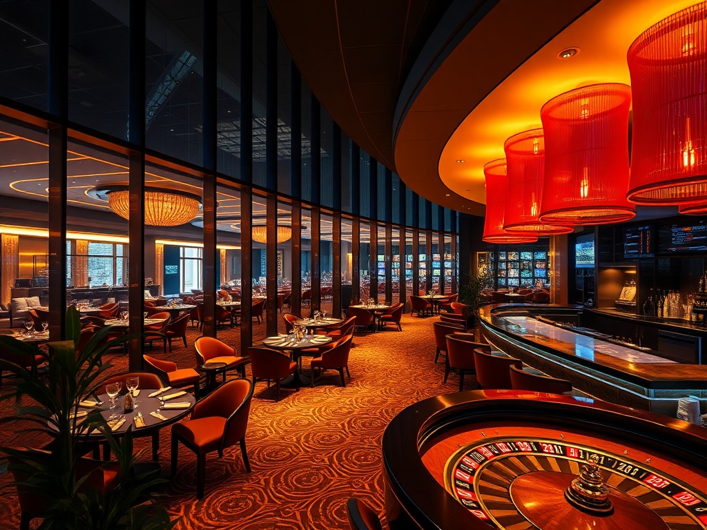 Modern luxury casino hotel lounge at night, warm lighting, elegant suites through glass, glamorous diners, roulette-style ambiance, sleek bar, subtle greenery, cinematic realism.