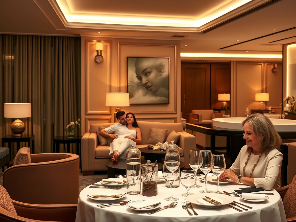 “luxury hotel lounge with warm ambient lighting” “couple relaxing on plush sofa” “spa steam glow” “fine dining table with elegant plating” “smiling guests”