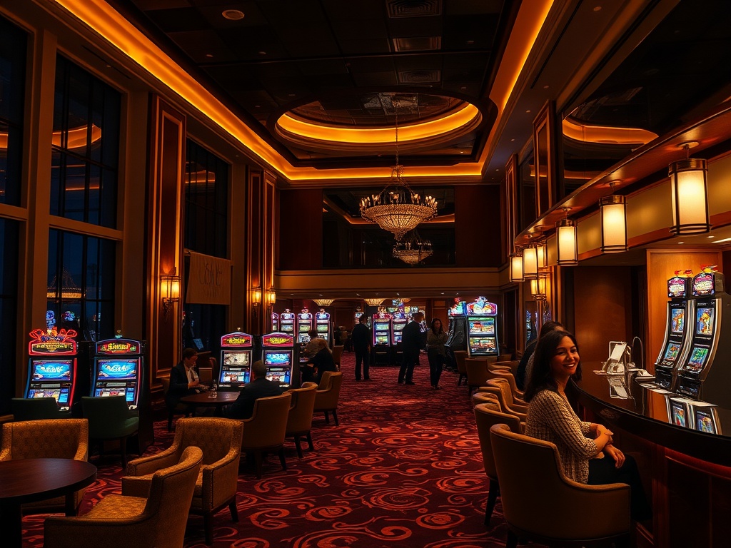 "luxury hotel interior at night, warm lighting, elegant lounge seating, subtle casino ambience with softly glowing slot machines, polished bar, inviting atmosphere, guests smiling" "