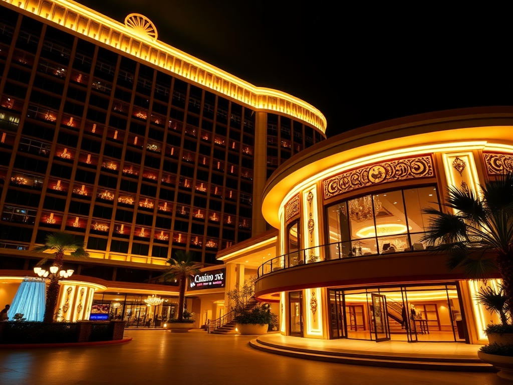 "luxury casino hotel exterior at night" "glowing casino lights" "elegant suite window glow" "smiling concierge silhouette" "spa steam" "golden nightlife ambience"