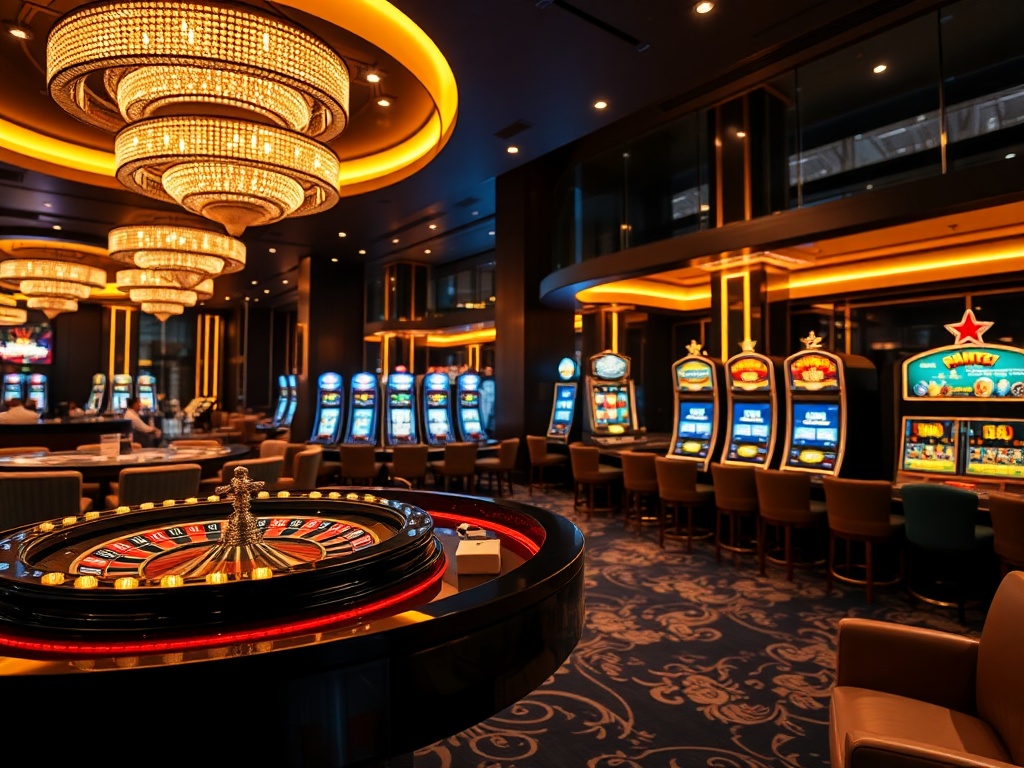 "Luxurious casino-hotel lounge at night, warm golden lights, roulette table and slot machines in soft focus, elegant bar and comfortable seating, modern upscale atmosphere" "