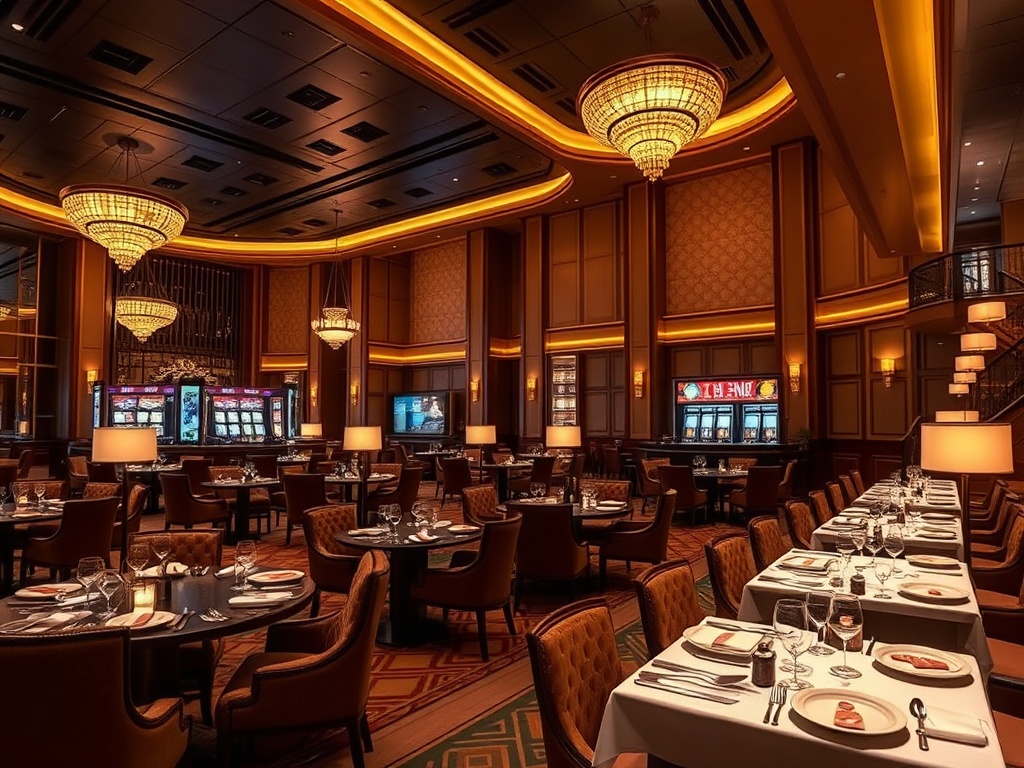 "luxury casino hotel lobby with elegant suites, warm lounge seating, gourmet dining plates, soft stage lights, attentive concierge, cinematic realism" "high-end ambiance, night atmosphere, warm gold lighting, panoramic depth of field"