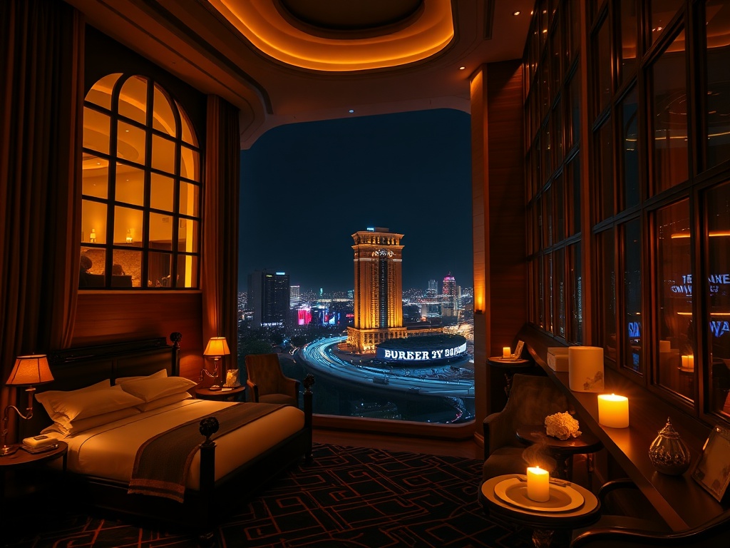 A luxurious casino hotel at night with warm light spilling from large windows, “suite bedroom” elegance, “gourmet dining” candlelit plates, “wellness spa” steam, “vibrant nightlife” in distance.