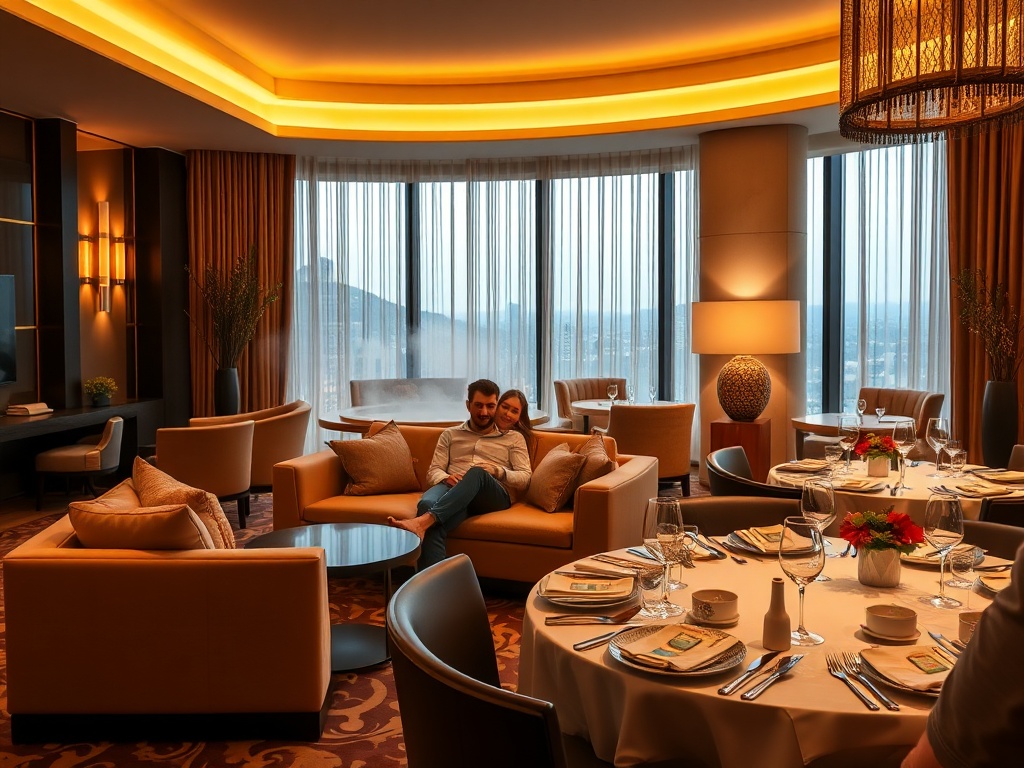 “luxury hotel lounge with warm ambient lighting” “couple relaxing on plush sofa” “spa steam glow” “fine dining table with elegant plating” “smiling guests”