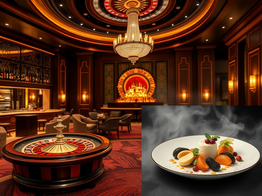 "luxury casino hotel lobby" "glowing roulette wheel" "warm candlelit bar" "five-star chef plated gourmet dish" "soft spa steam background" "stage lights for live shows"